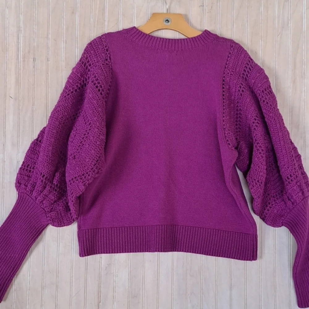 Fate Handknit Puff Crochet Sleeve Knit Sweater Cotton Blend Boho Soft Purple - Picture 5 of 10